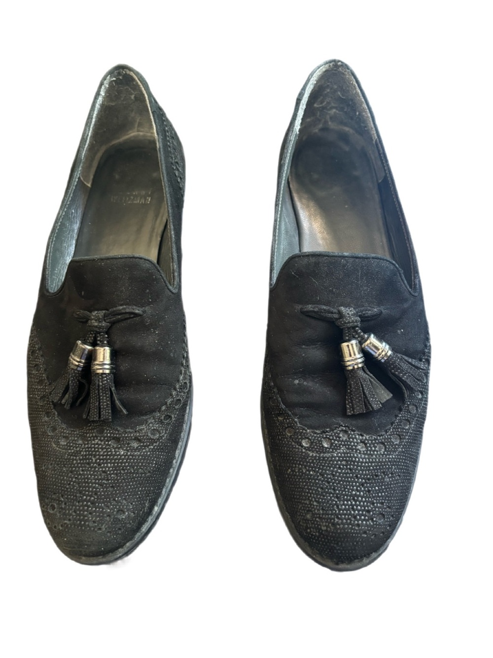 Stuart Weitzman Guything Black Suede Tassel Wingtip Loafers Women's Size 7.5 M